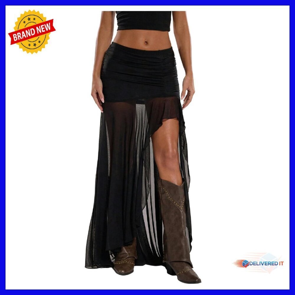 Sheer Mesh Pleated Maxi Skirt Split Thigh Asymmetrical Bodycon